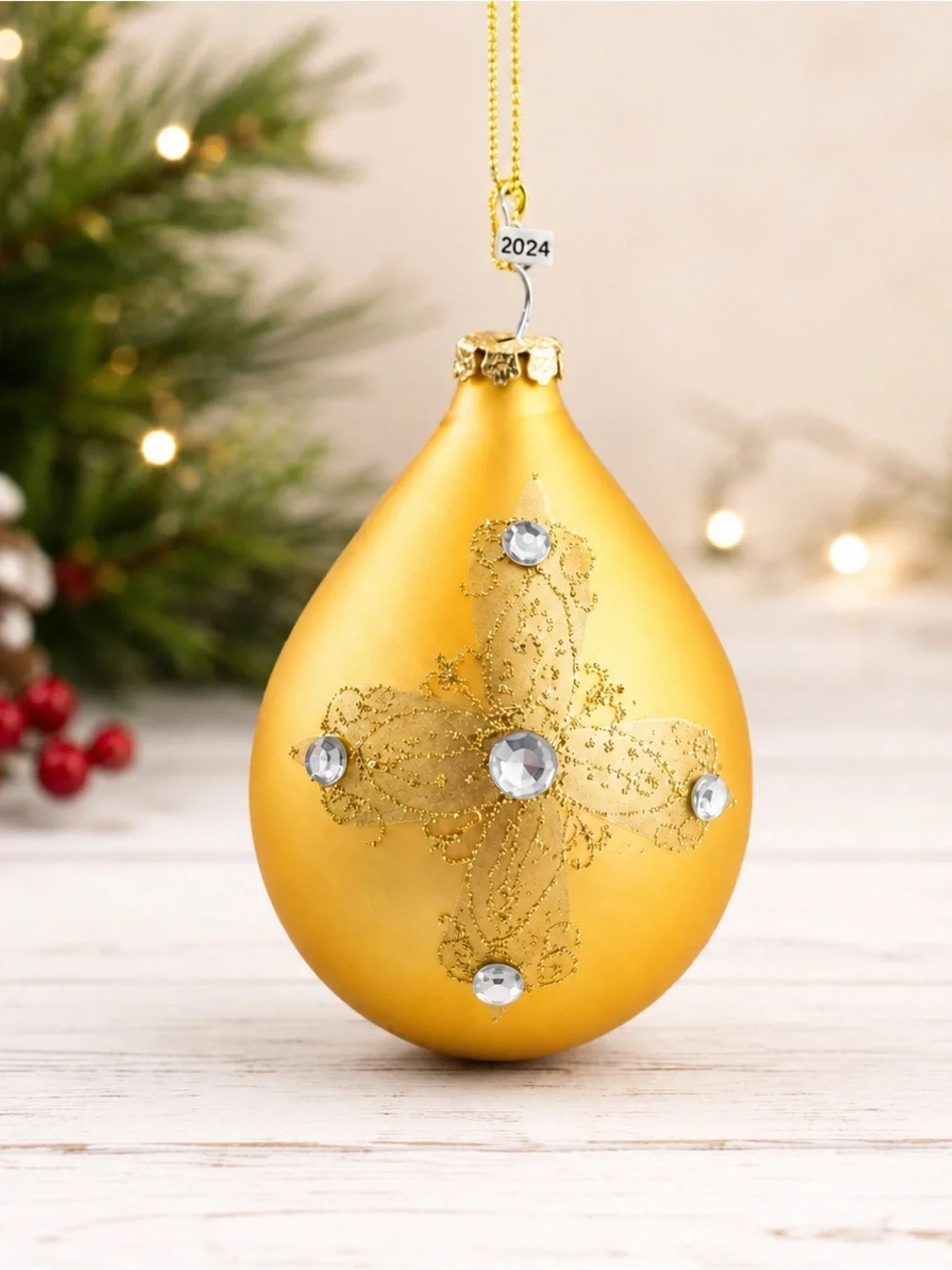 Vintage Dillard’s Glass Teardrop Christmas Ornaments Set 2 Purple Gold Box